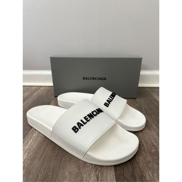 BALENCIAGA MEN'S POOL SLIDE SANDAL IN WHITE BLACK - Picture 9 of 14